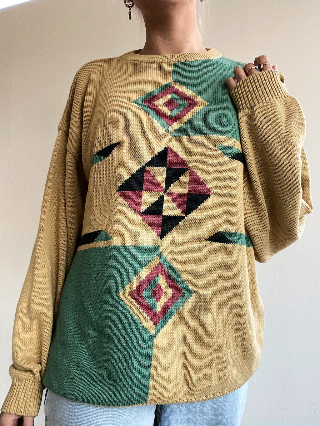 Vintage gelber und grüner Strickpullover