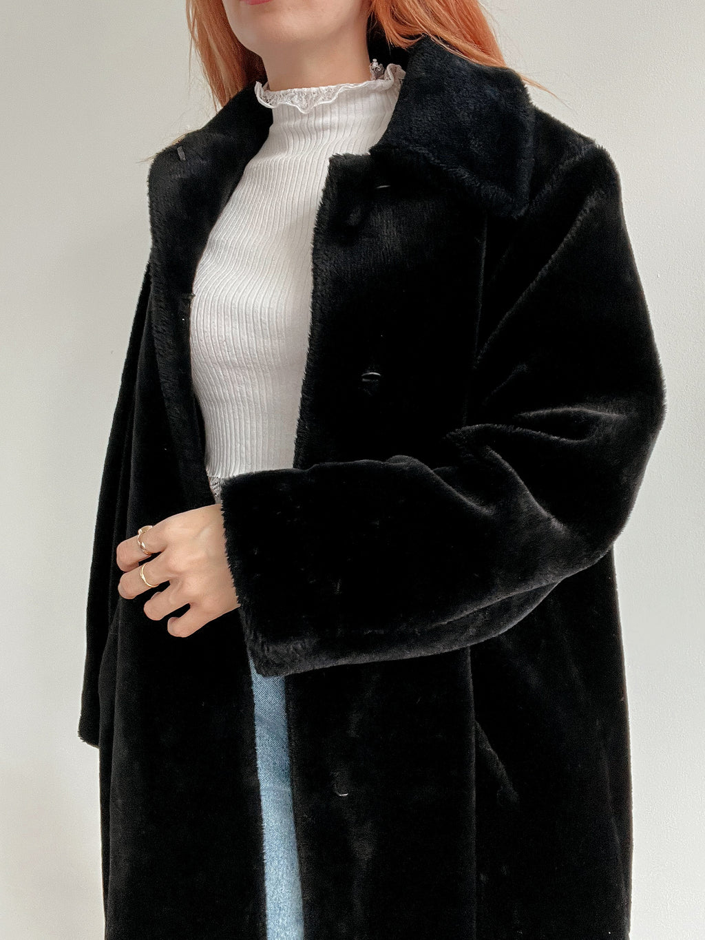 Vintage schwarzer Kunstpelzmantel M/L