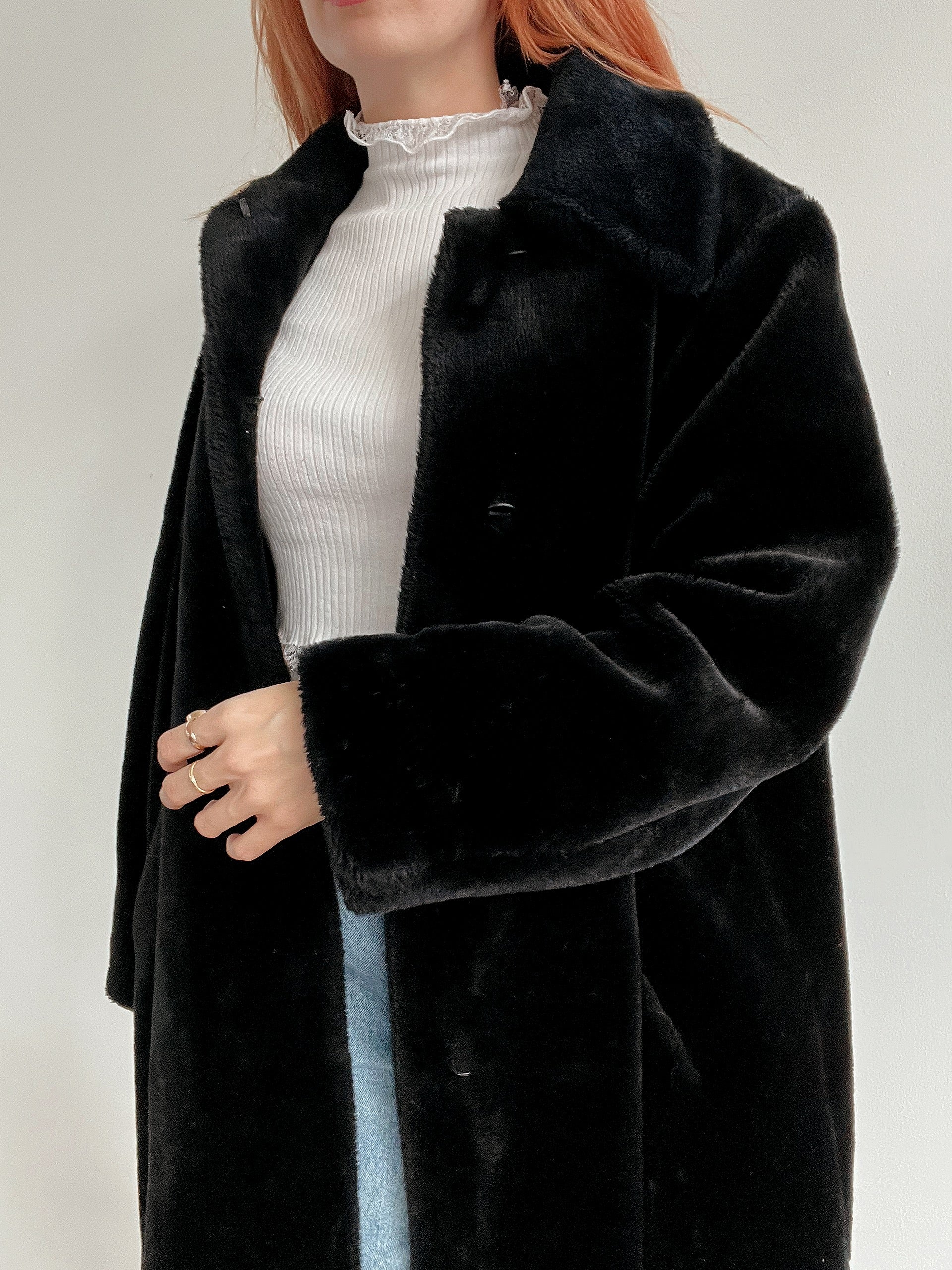 Vintage schwarzer Kunstpelzmantel M/L