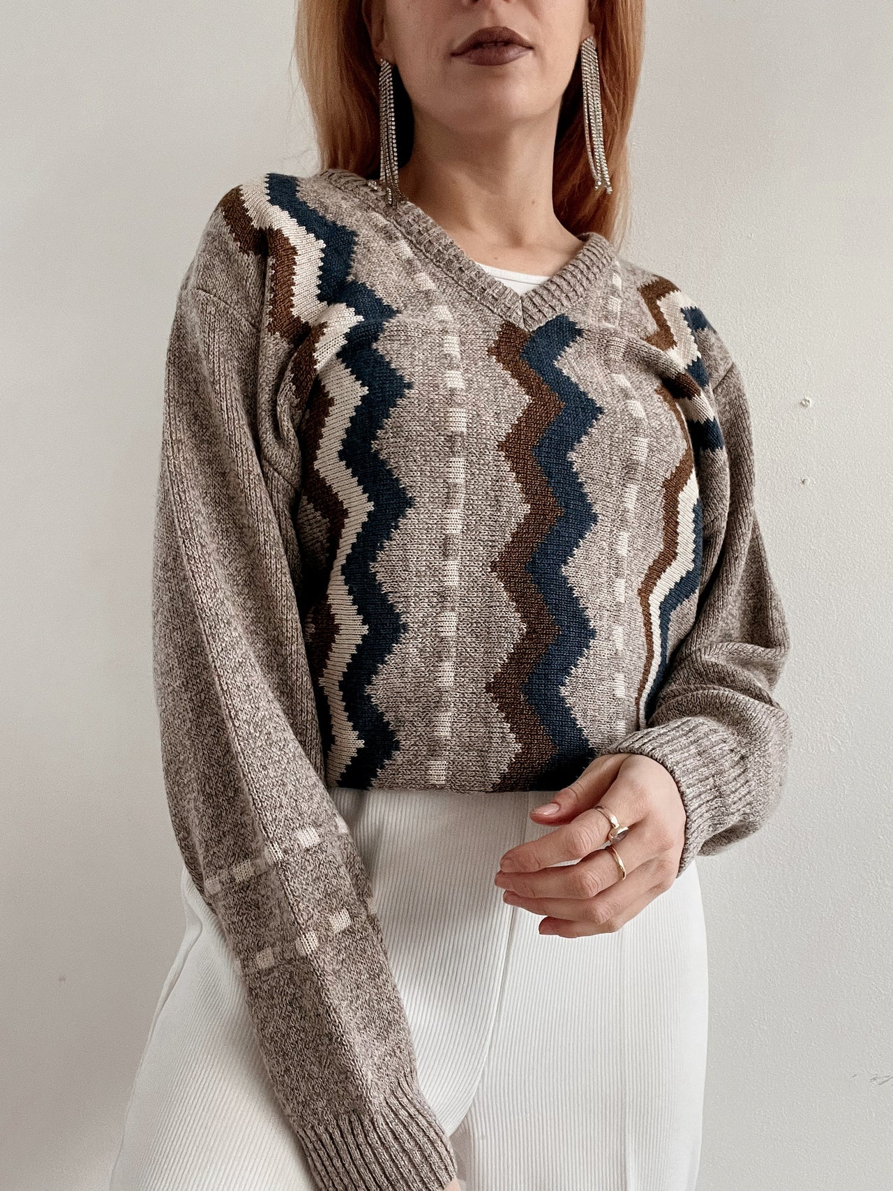 Pull vintage en laine beige à motifs  M