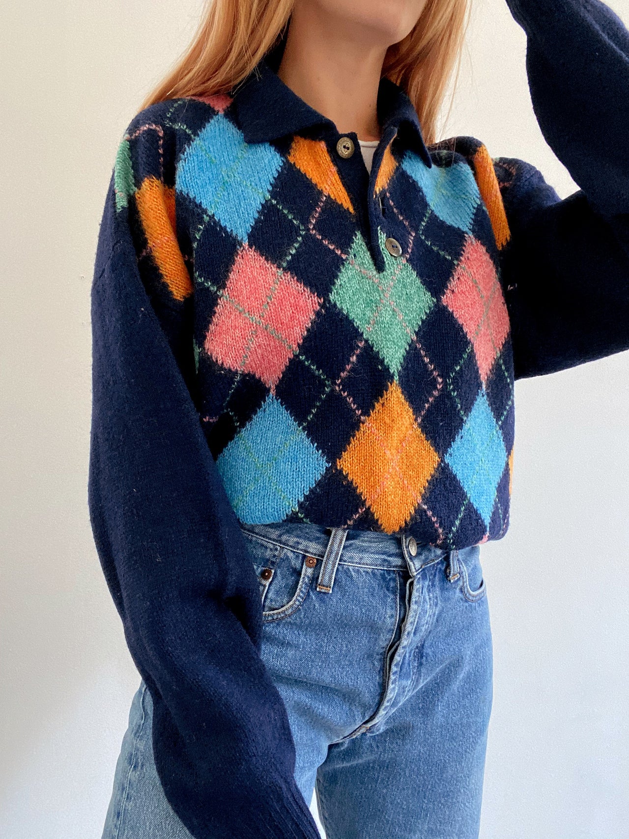 Pull vintage en laine bleu foncé et multicolore