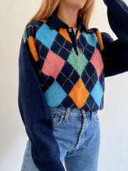 Vintage-Pullover aus dunkelblauer und mehrfarbiger Wolle