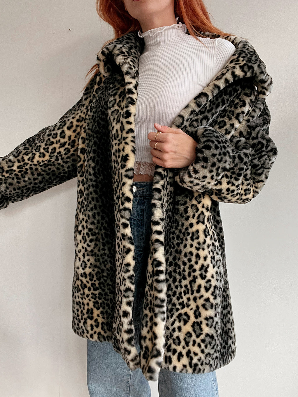 Vintage beige Leoparden-Kunstpelzmantel M/L