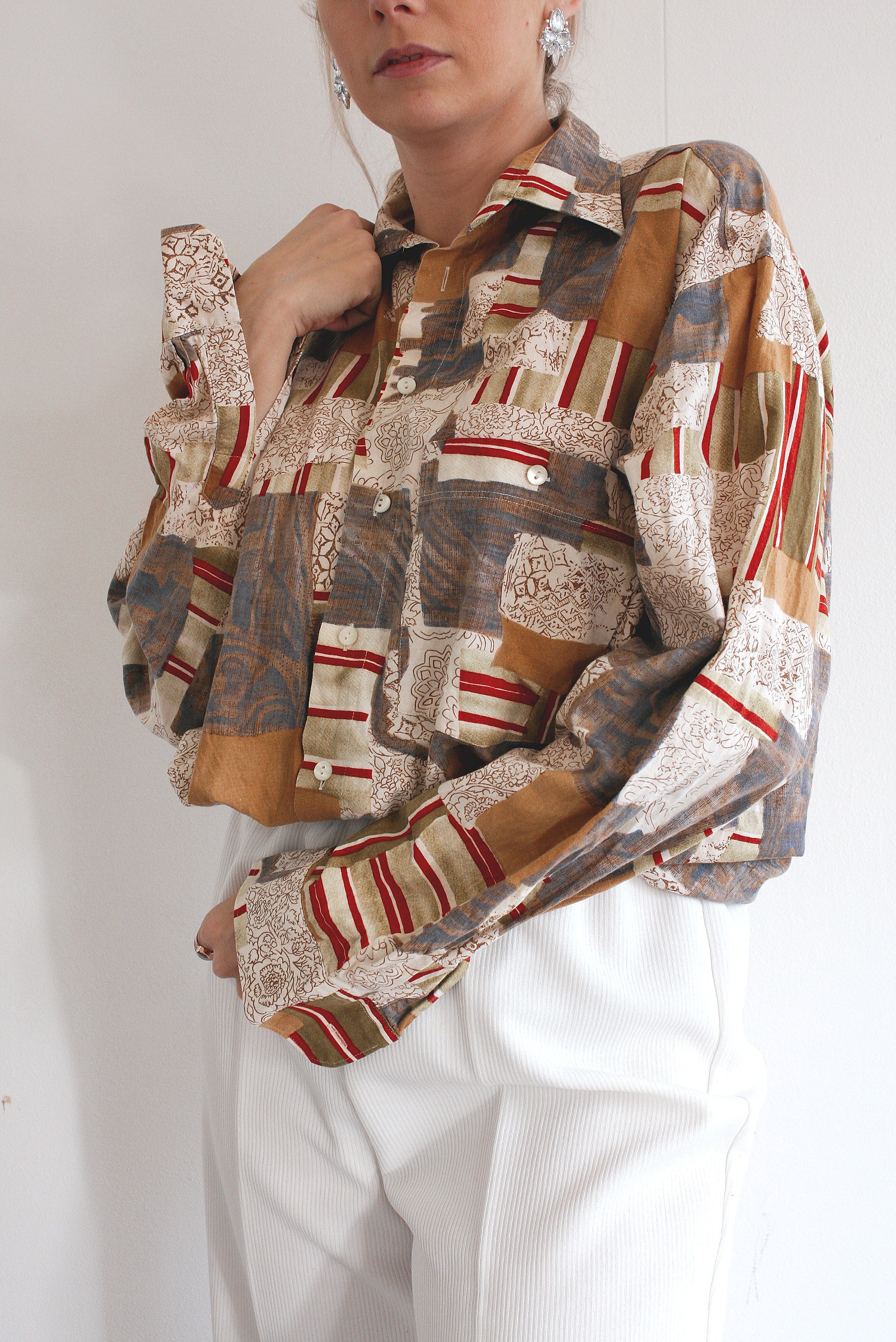 Chemise Vintage 80/90s brune et beige à motifs M