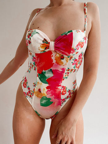 Maillot de bain vintage une pièce blanc et rose à fleurs M