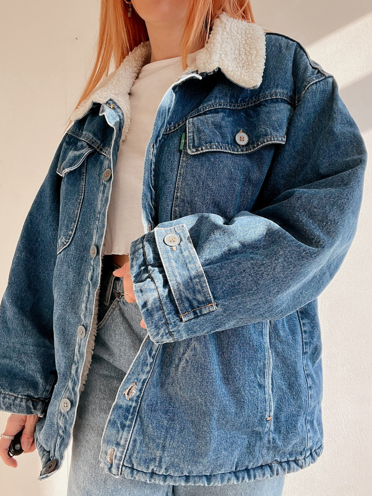Veste en jeans vintage bleue intérieur mouton L