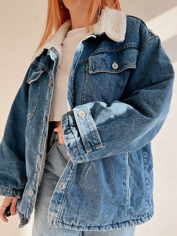 Vintage blaue Jeansjacke mit Schaffell-Innenseite L