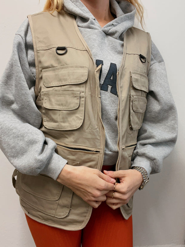 Gilet utilitaire sans manches vintage beige clair L