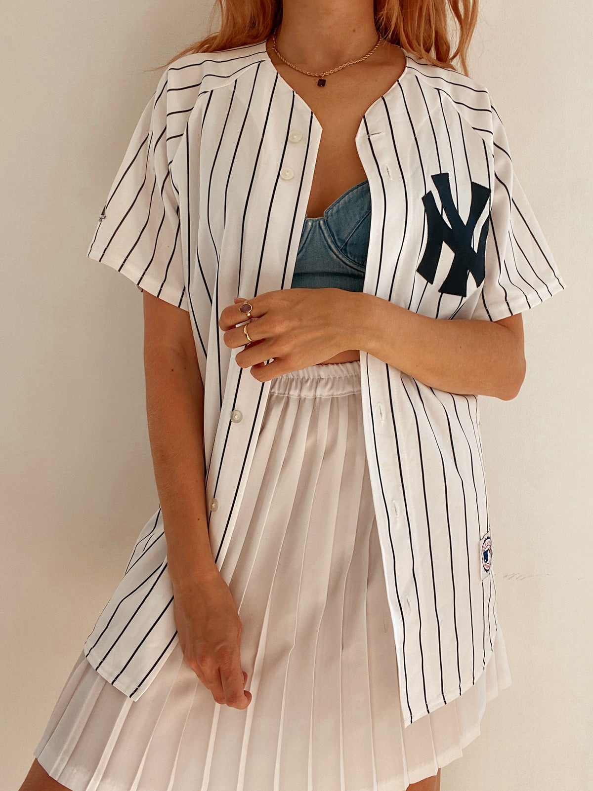 Weiß gestreiftes Baseballtrikot NY S