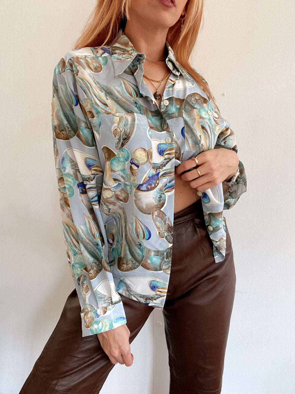 Chemise Vintage 80/90s à motifs beige et bleue S