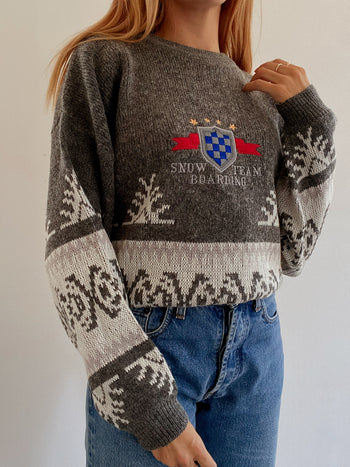 Pull vintage en laine Gris et rouge M