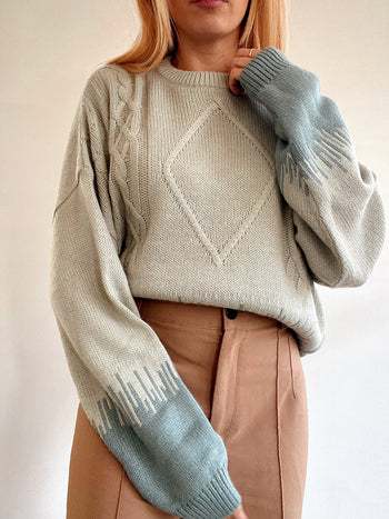 Pull vintage en laine gris Clair et bleu