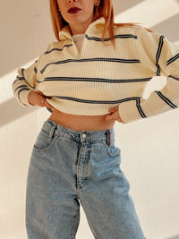 Vintage cremefarbener und dunkelblauer Strickpullover M