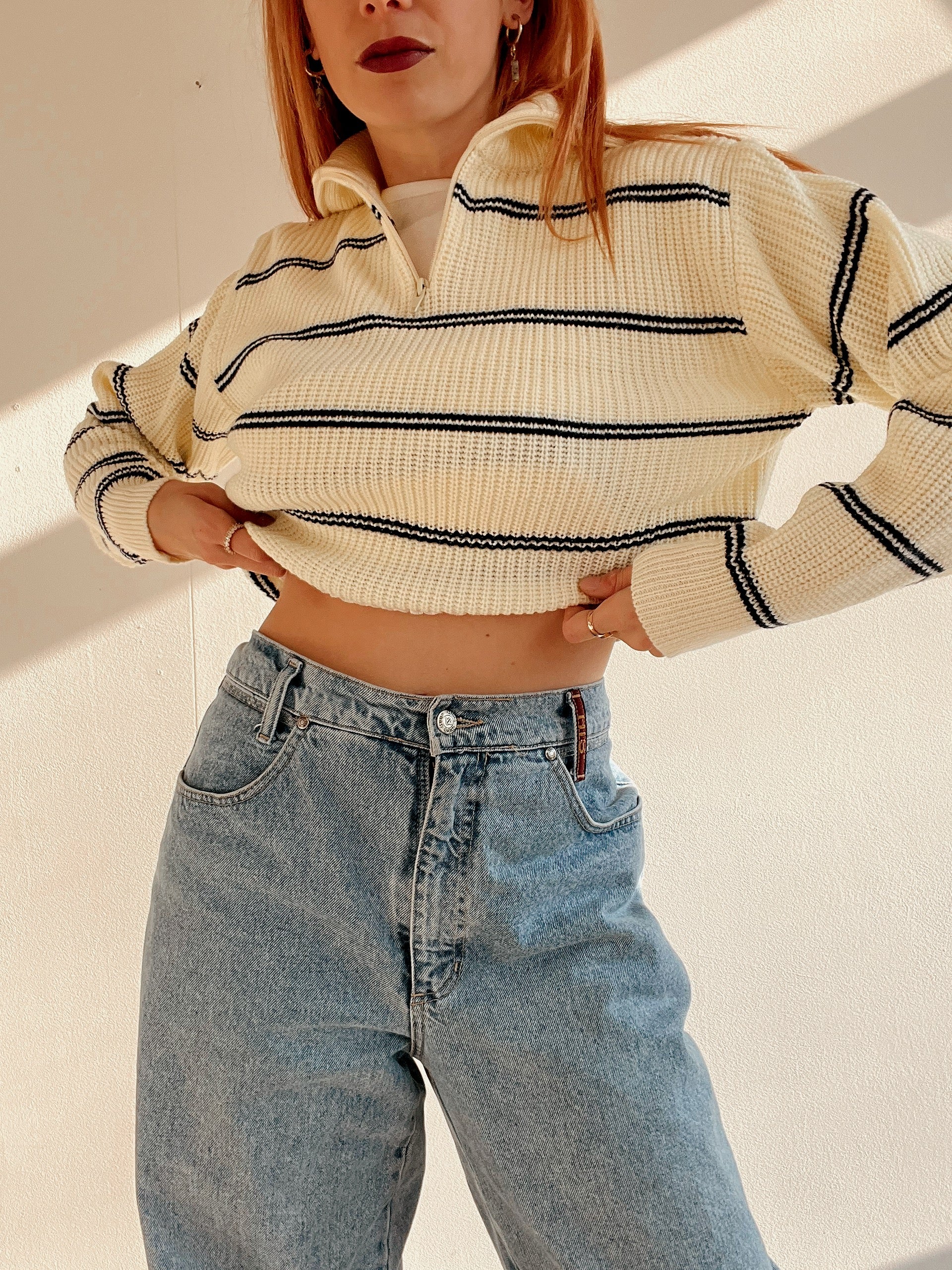 Vintage cremefarbener und dunkelblauer Strickpullover M