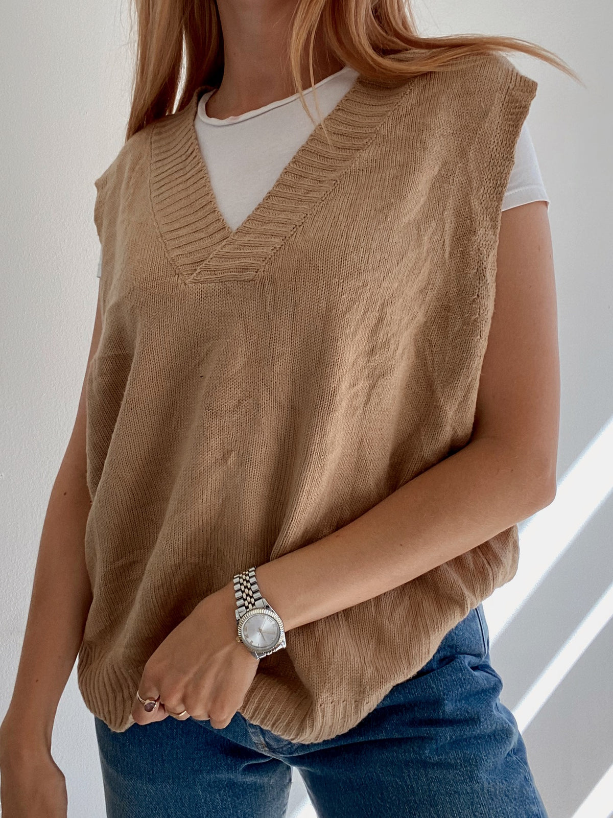 Gilet vintage sans manche en laine beige