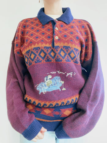 Weinroter Vintage-Wollpullover mit Stickerei auf der Vorderseite