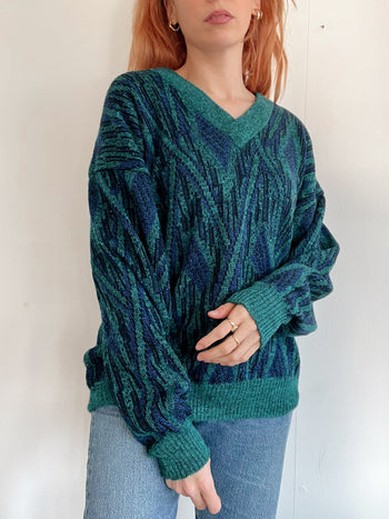 Pull vintage en laine bleu foncé et vert XL