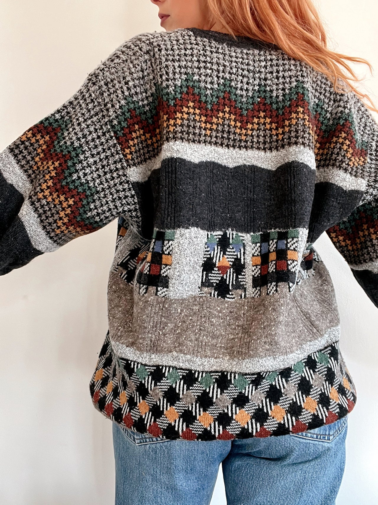 Pull vintage en laine gris  foncé et beige L