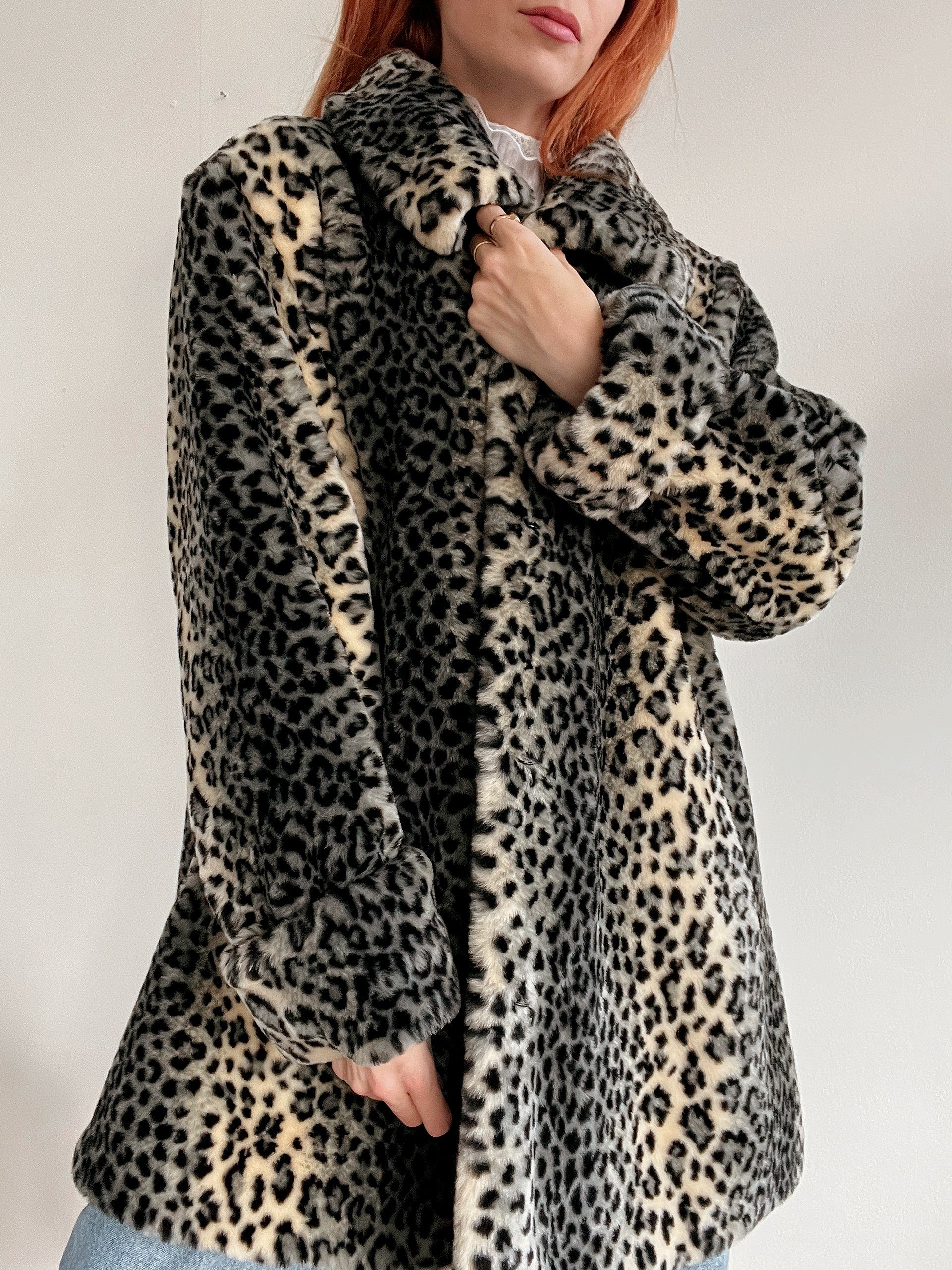 Vintage beige Leoparden-Kunstpelzmantel M/L