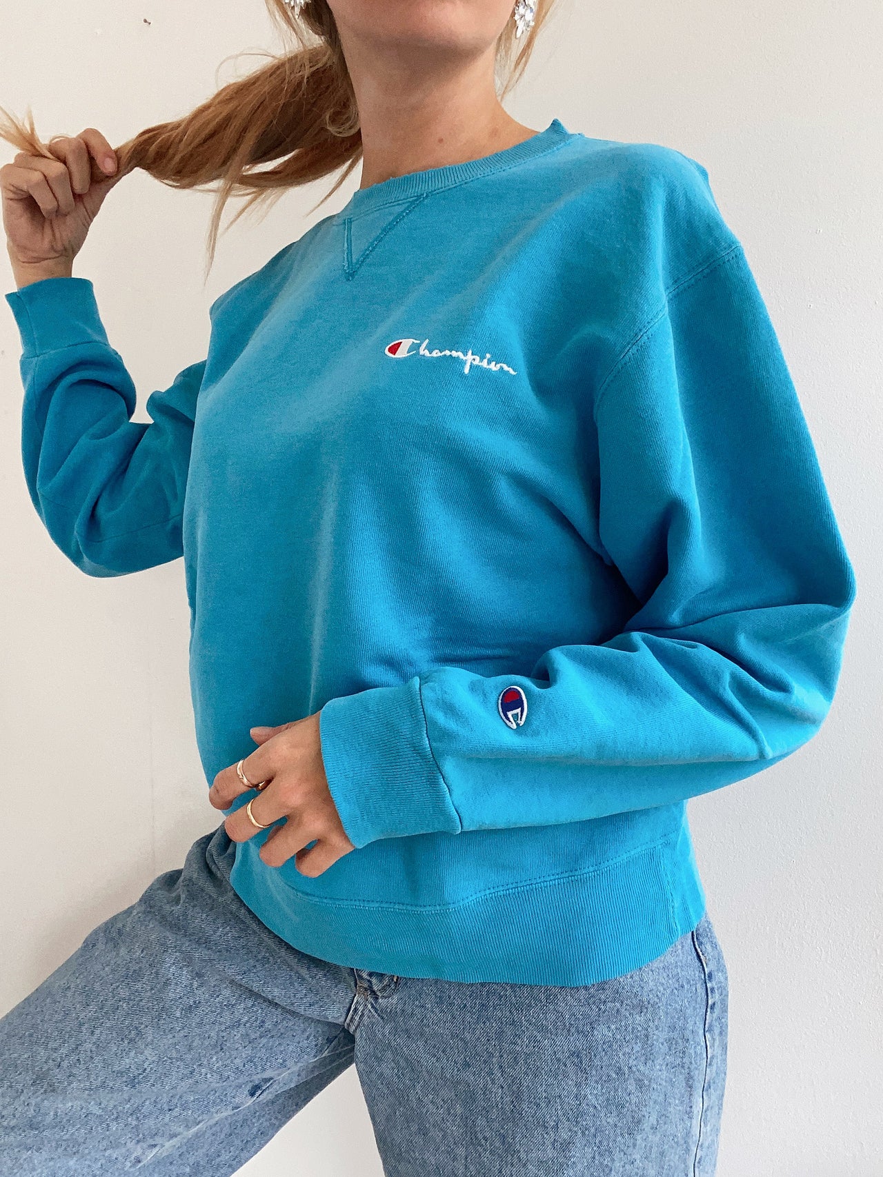 Pull vintage américain turquoise Champion L