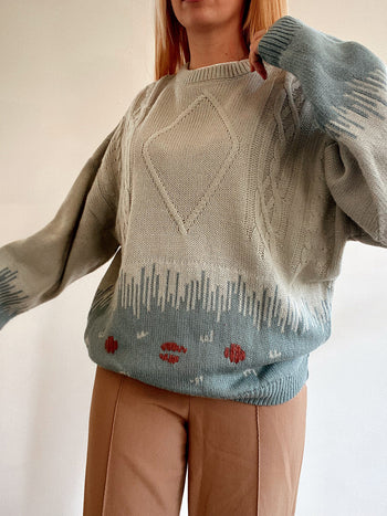 Pull vintage en laine gris Clair et bleu