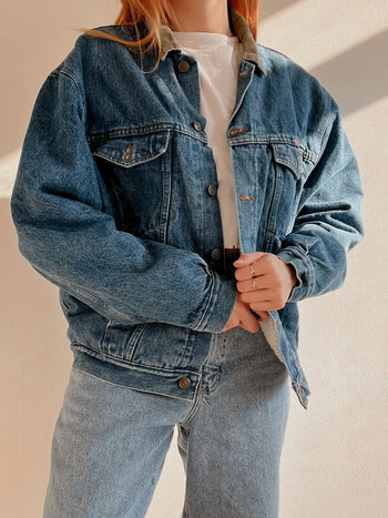 Veste en jeans vintage bleue intérieur mouton M