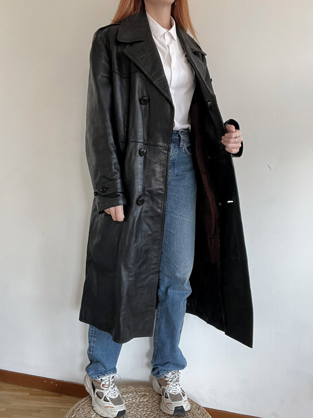 Vintage schwarzer Leder-Trenchcoat L
