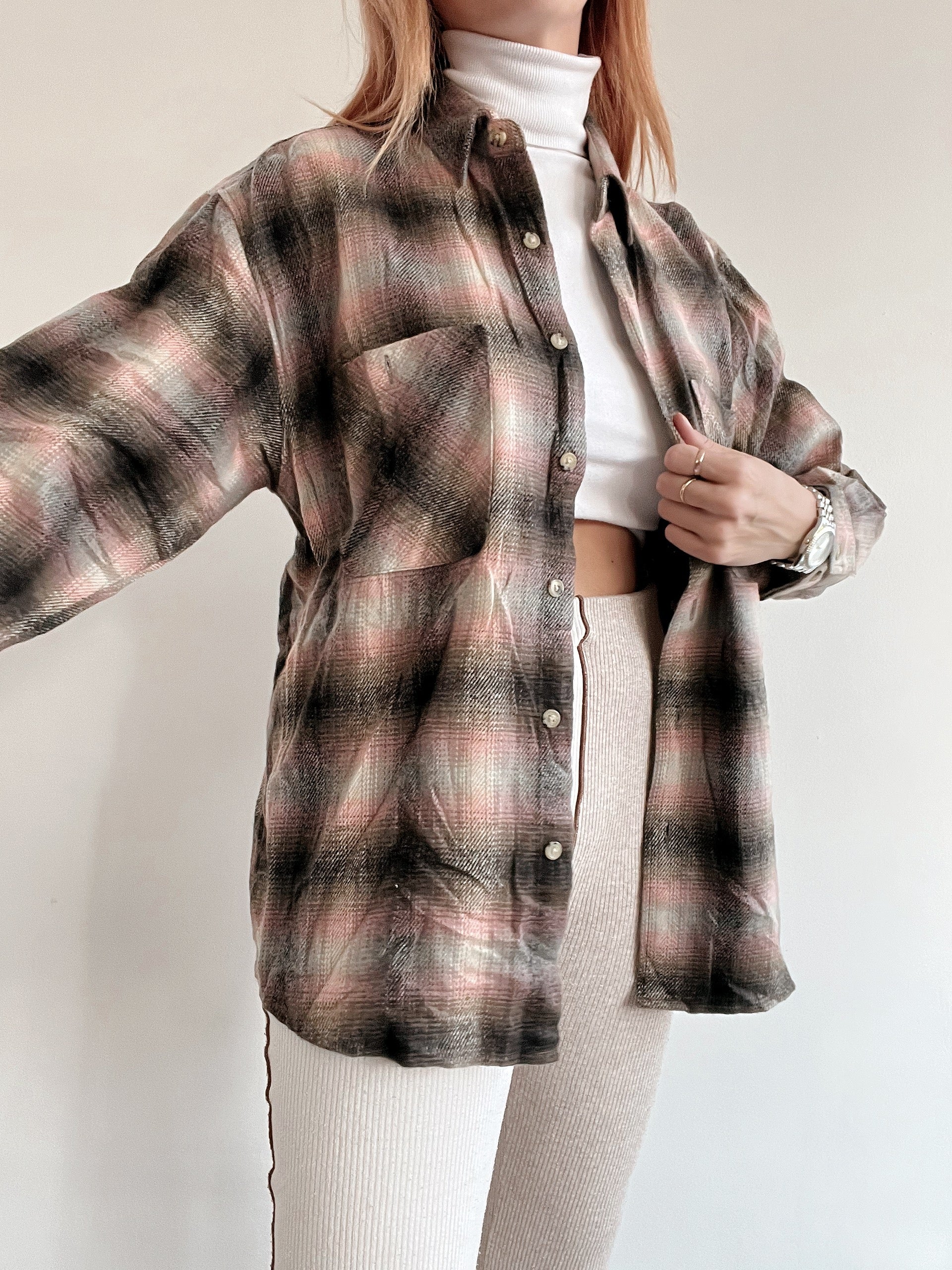 Chemise vintage en laine beige et rose  à carreaux M