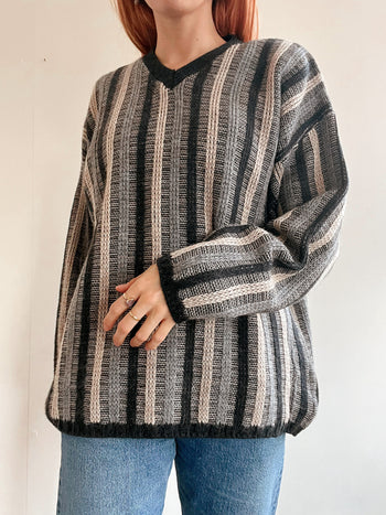 Pull vintage en maille  gris à rayures M