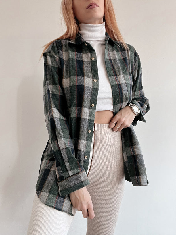 Chemise vintage à carreaux vert/gris/rouge en laine