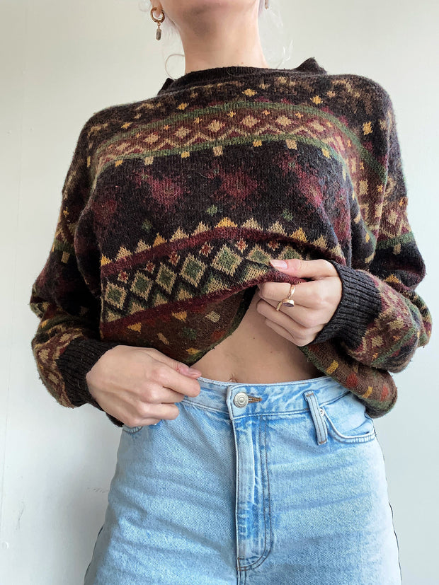 Vintage-Pullover aus brauner Wolle mit Muster