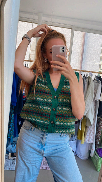 Gilet vintage en laine vert foncé  L