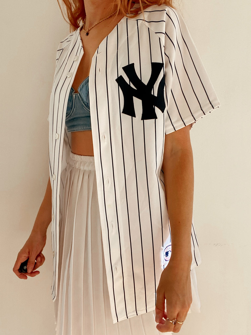 Weiß gestreiftes Baseballtrikot NY S