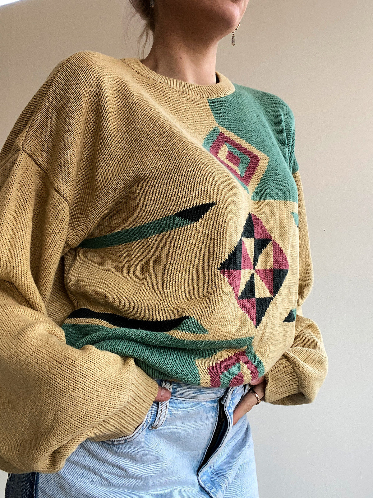 Pull vintage en maille jaune et vert