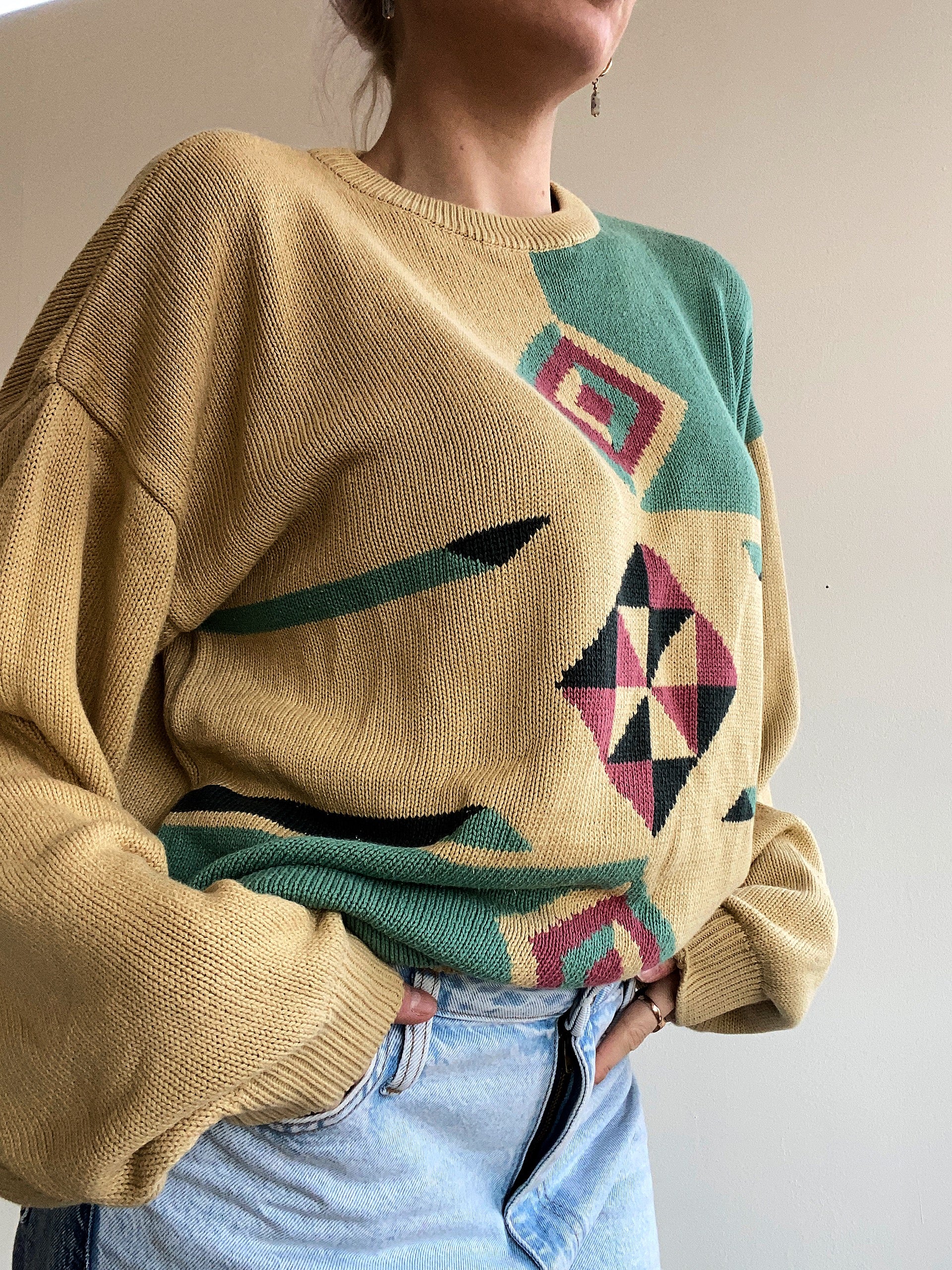 Vintage gelber und grüner Strickpullover