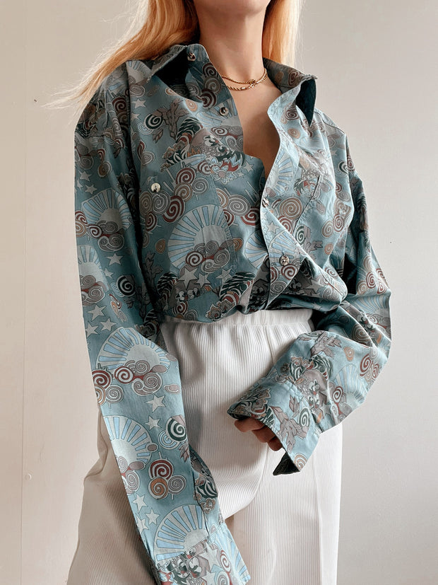 Chemise Vintage 80/90s bleue clair à motifs XL