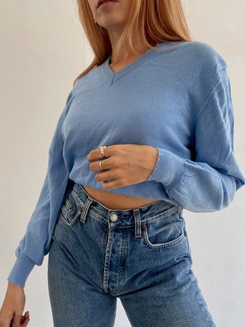 Pull vintage en maille bleu  M