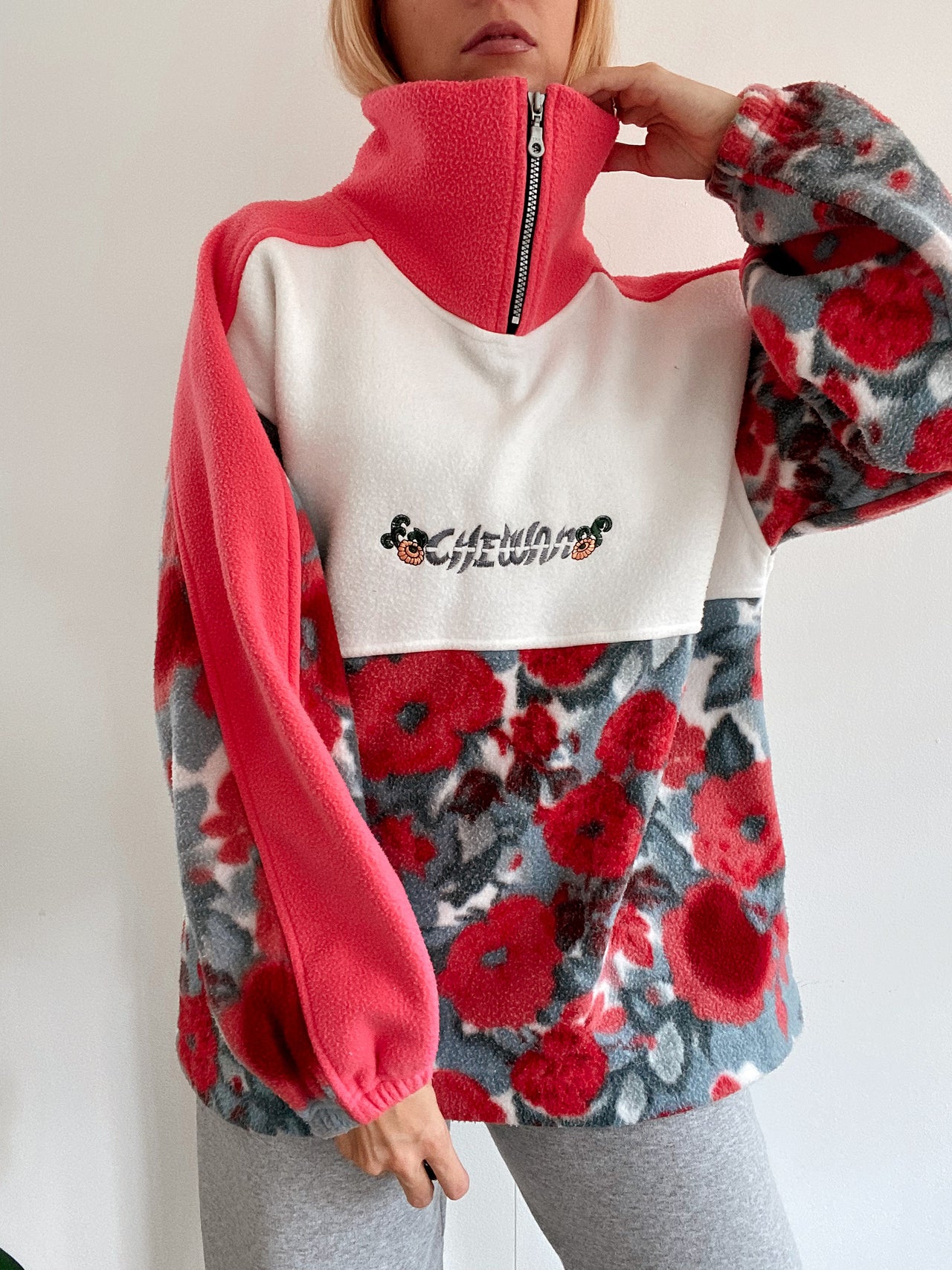 Vintage rosa floraler Fleecepullover L 