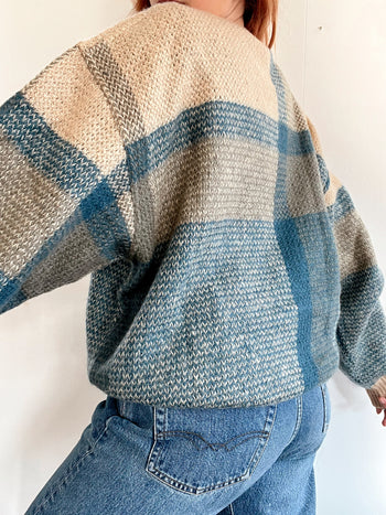 Pull vintage en laine  beige et bleu clair M/L