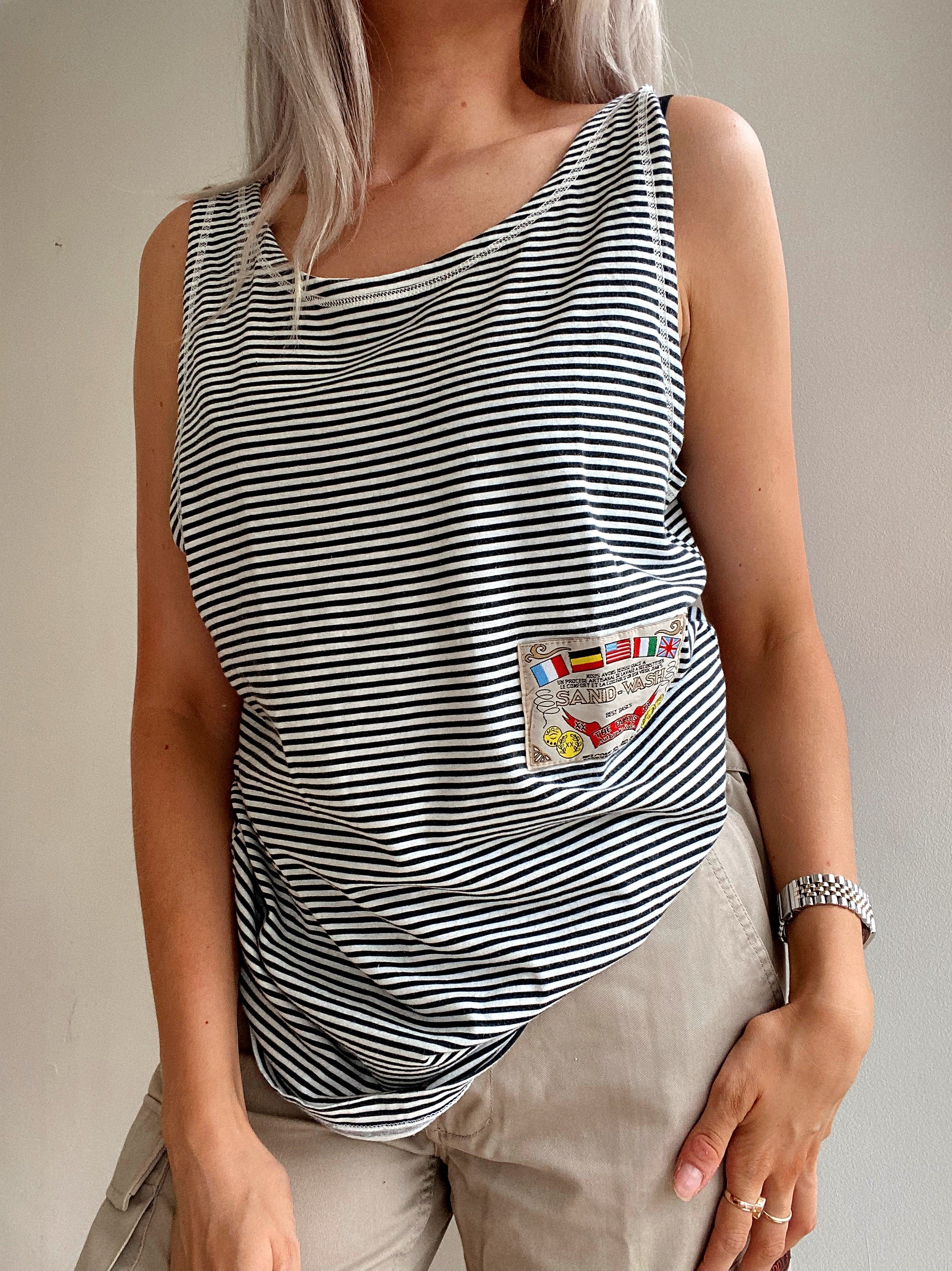 Débardeur vintage ligné blanc et noir M