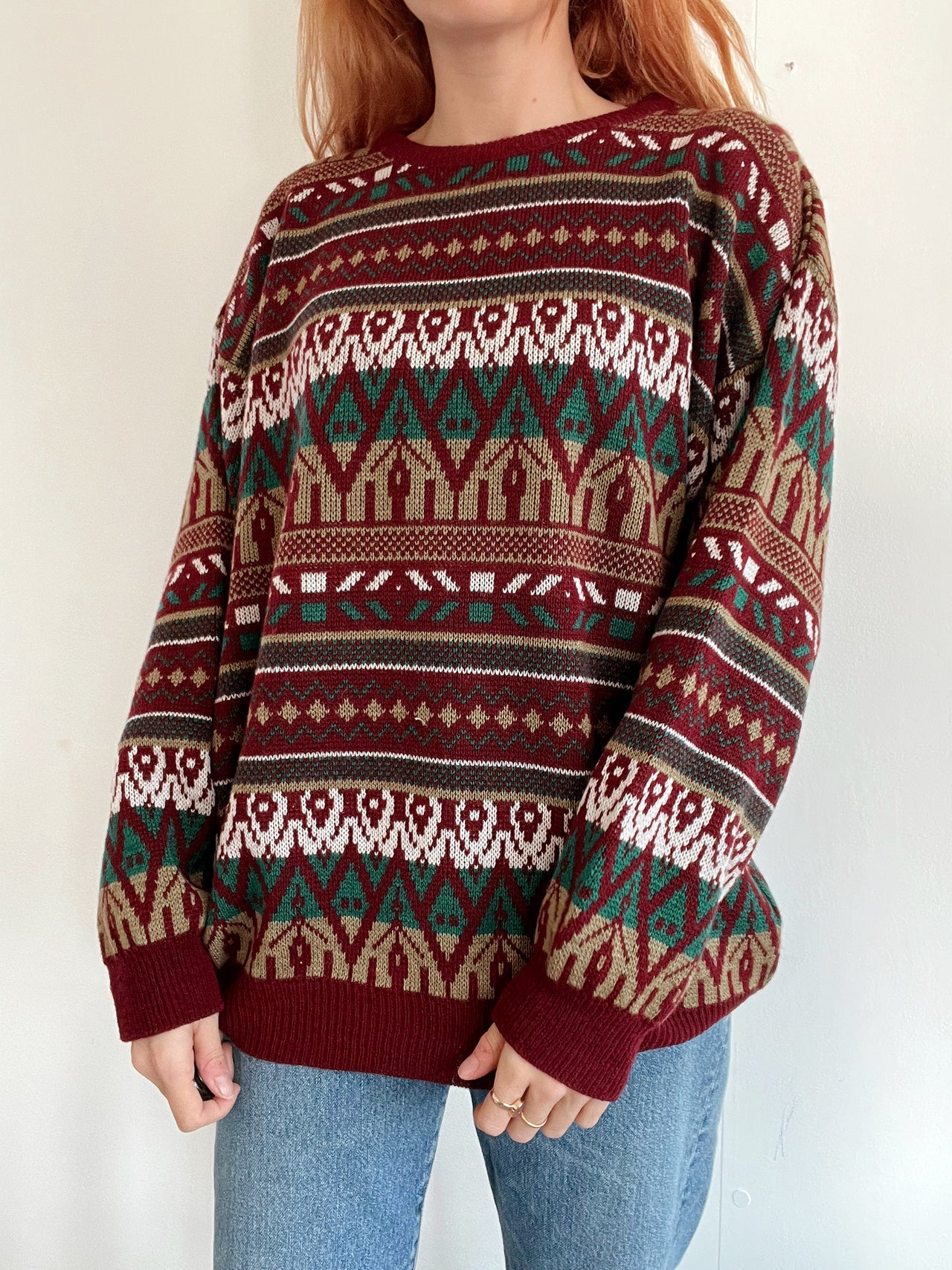 Pull vintage en laine rouge foncé à motifs XL