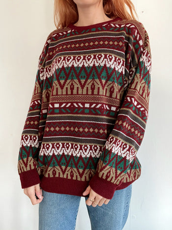 Vintage gemusterter dunkelroter Wollpullover XL