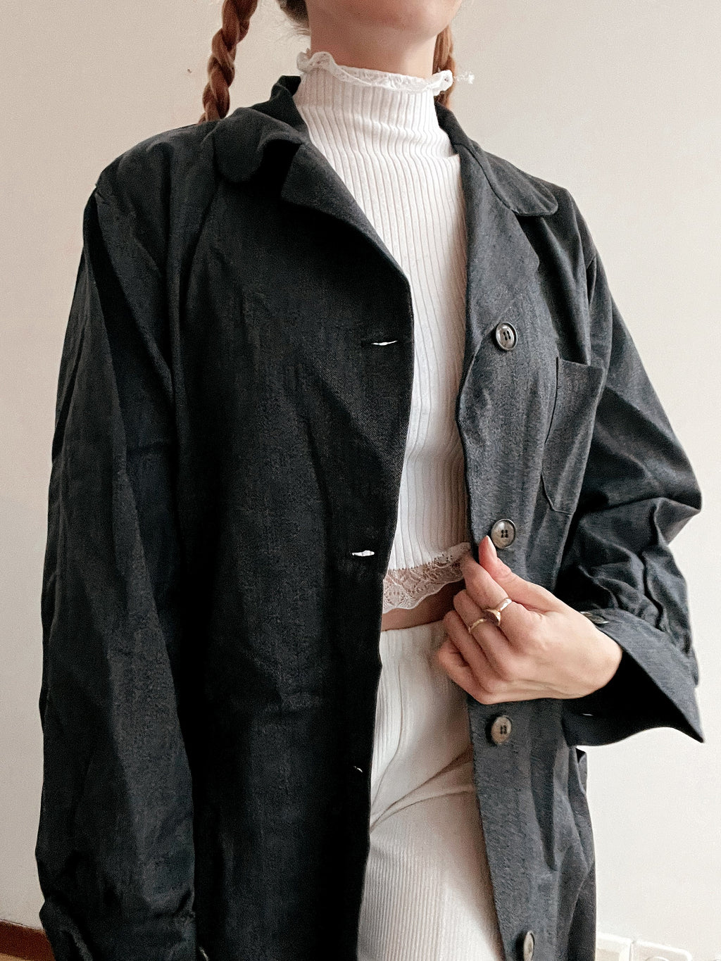 Sehr dunkelblauer/grauer Vintage-Trenchcoat in Jeans L 
