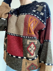 Pull vintage en laine beige/gris/rouge à motifs