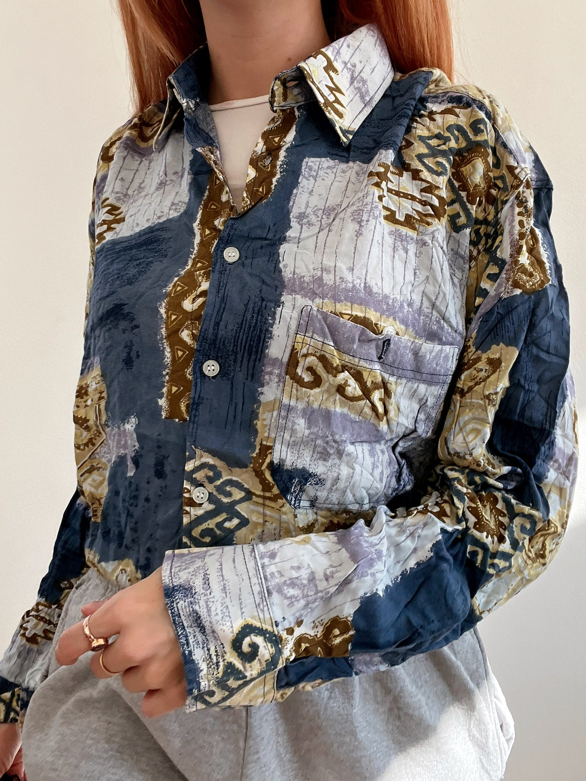 Chemise Vintage 80/90s bleue foncée  à motifs XL