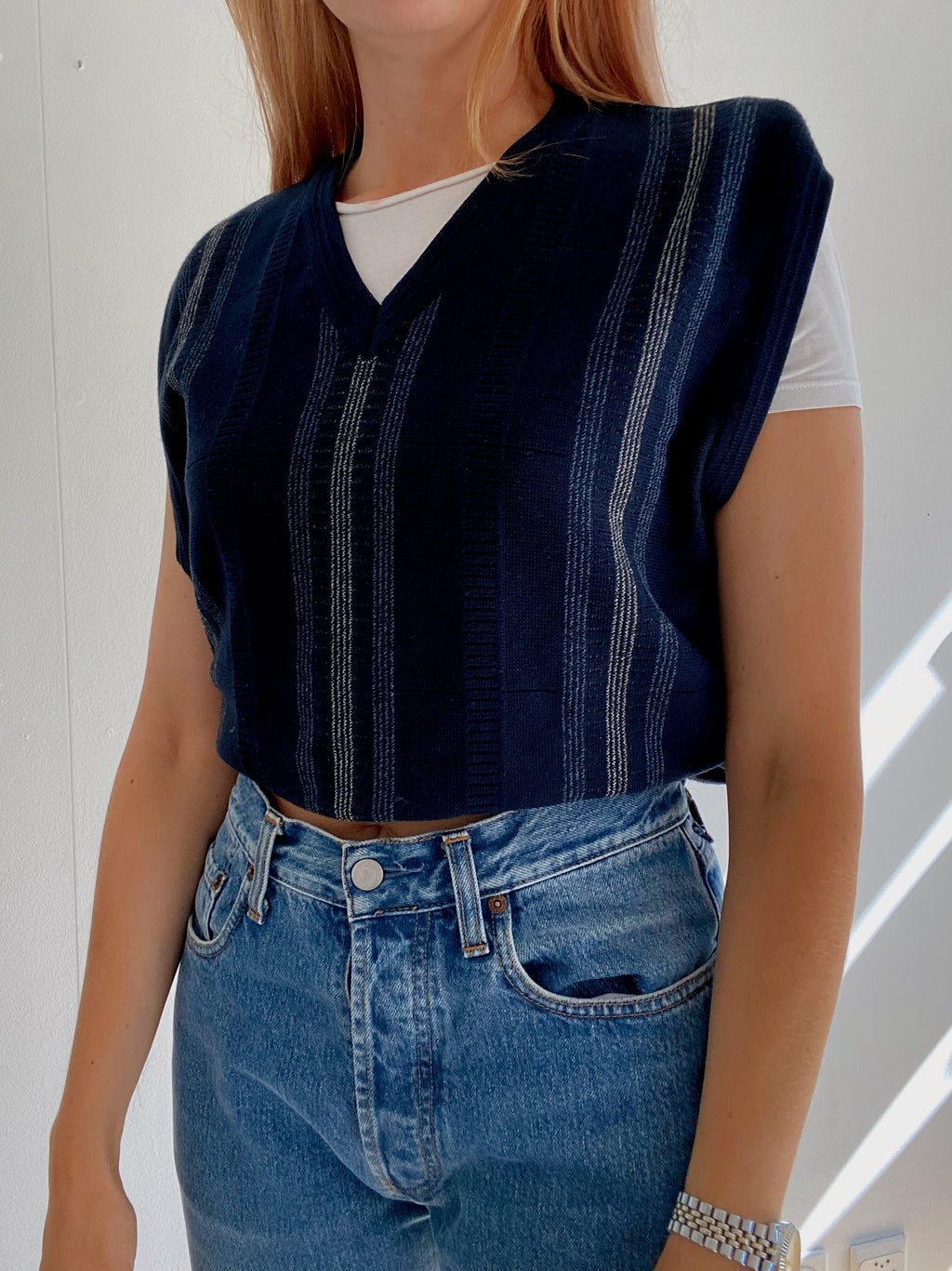 Gilet vintage sans manche en laine bleu foncé