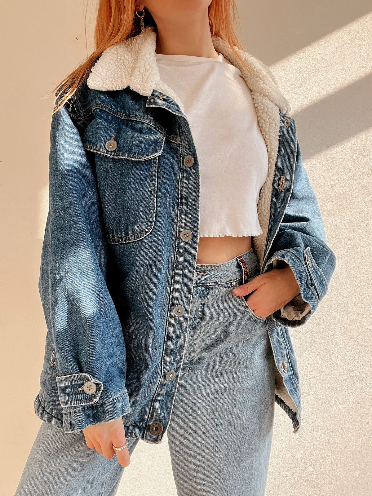 Veste en jeans vintage bleue intérieur mouton L