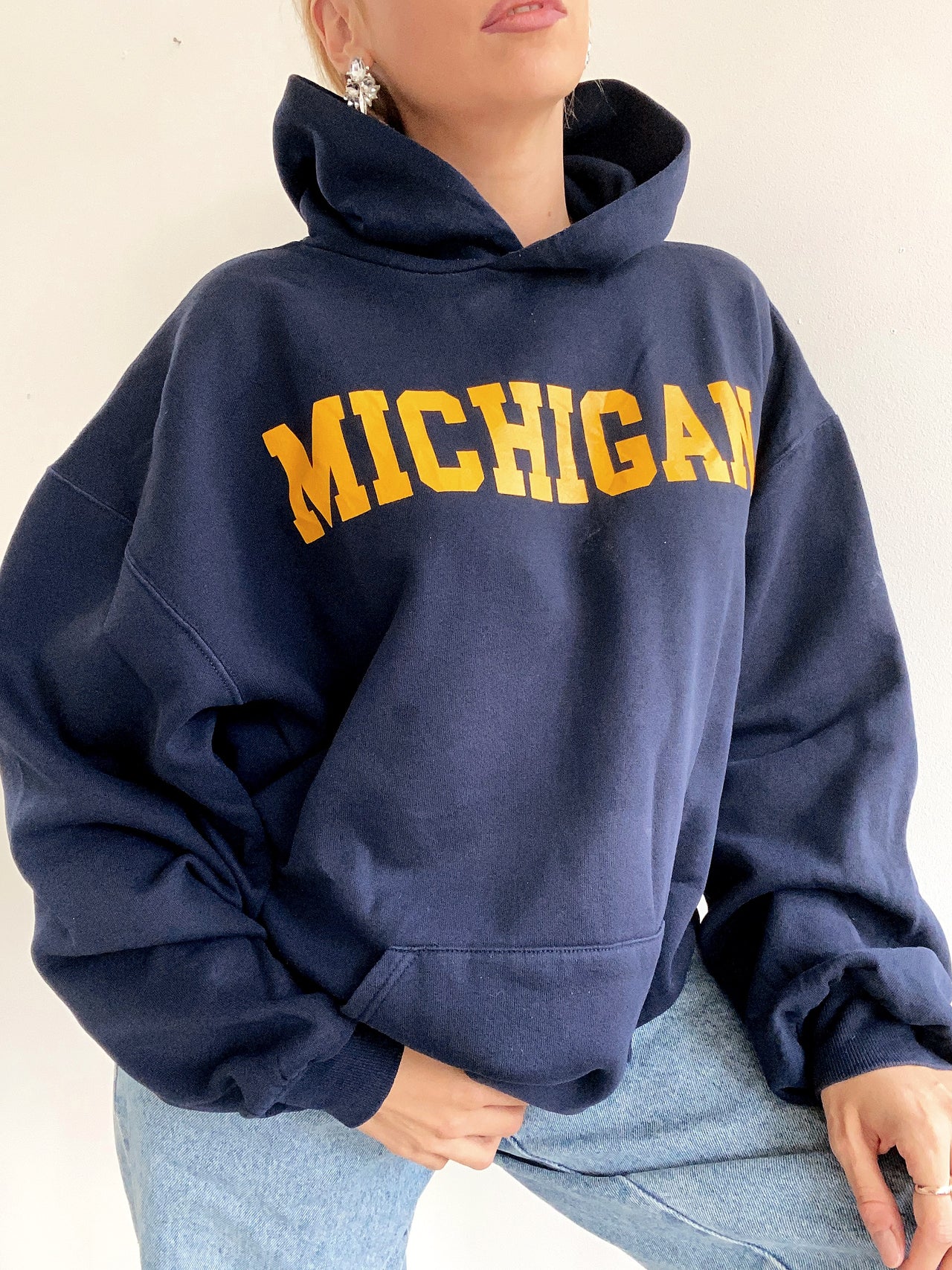 Pull vintage américain bleu foncé et jaune XL