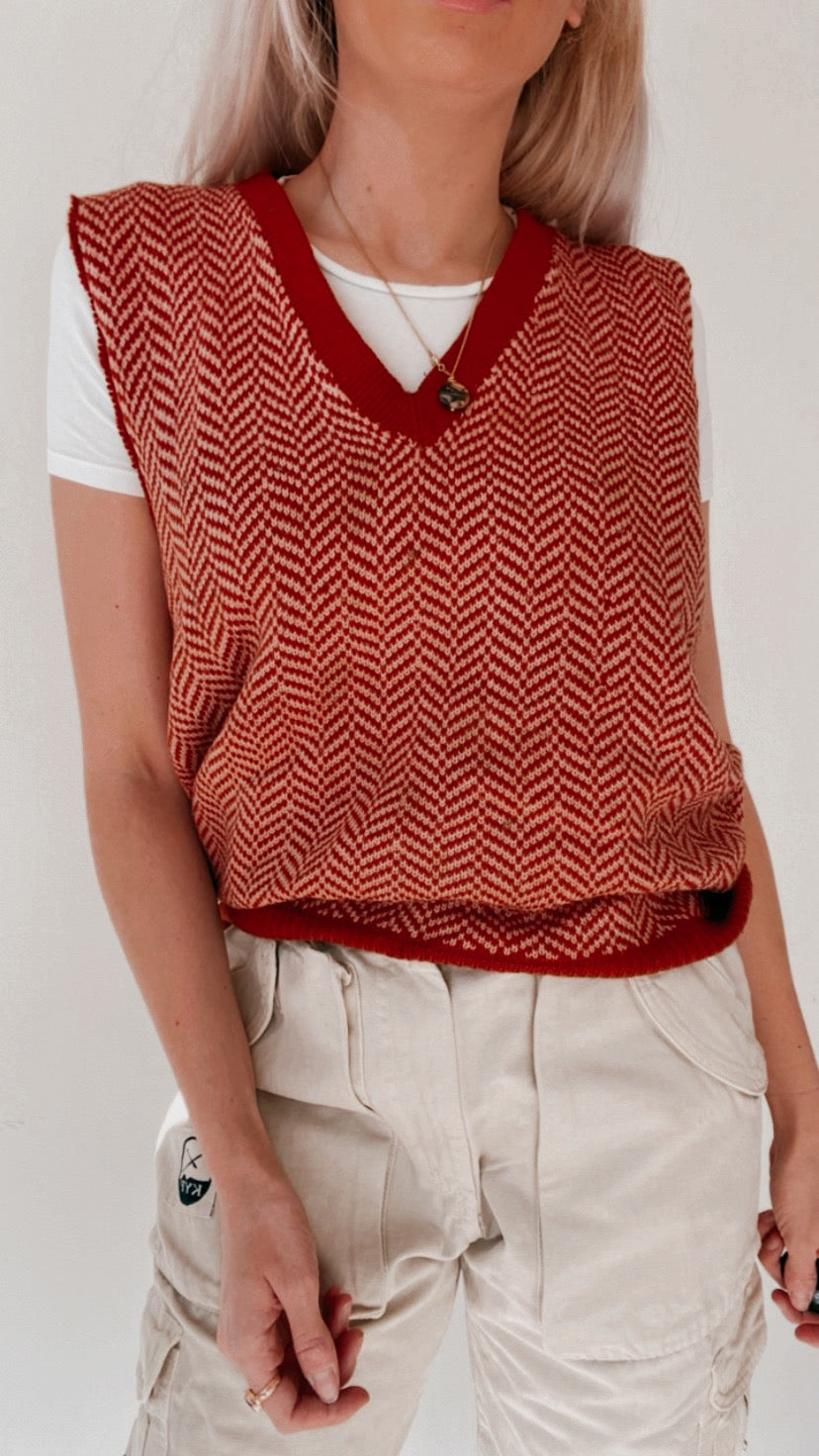 Gilet en laine rouge et rose M