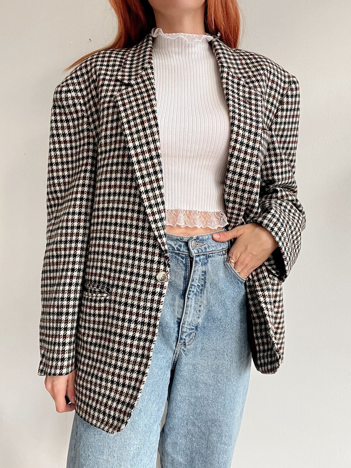 Dicke Vintage-Blazerjacke mit Hahnentrittmuster in Schwarz, Grün, Rot L/XLa